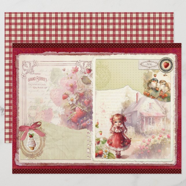 Papier scrapbook de la ferme de fraises vintage (Devant / Derrière)