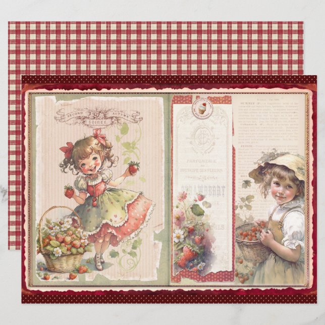 Papier scrapbook de la ferme de fraises vintage (Devant / Derrière)