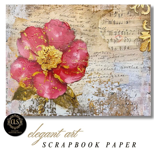Papier scrapbook écriture fleur rouge et or (Scrapbook Paper – Red and Gold Flower Script)