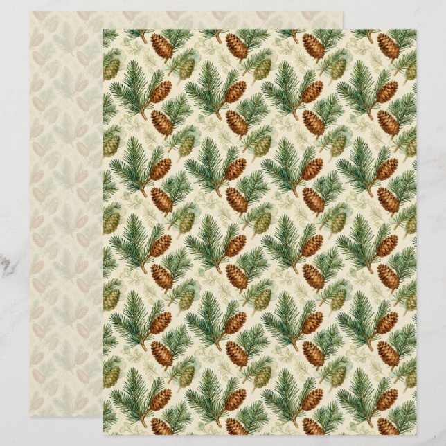 Papier scrapbook Evergreens et cônes (Devant / Derrière)