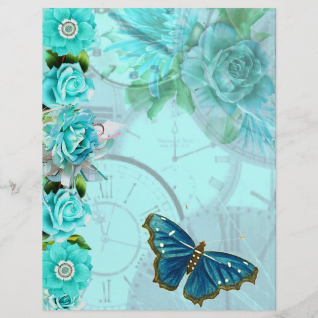 Papier scrapbook fleur papillon bleu menthe romant (Devant)
