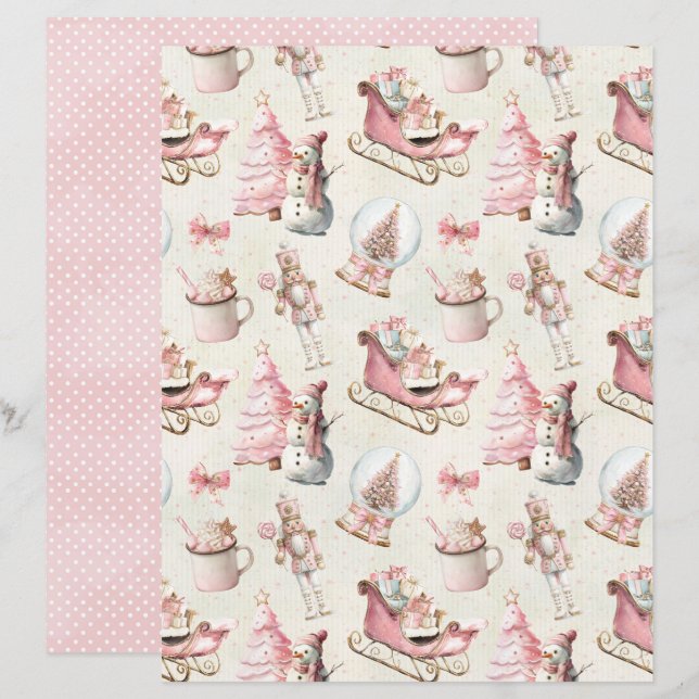Papier scrapbook pastel doux Noël rose (Devant / Derrière)