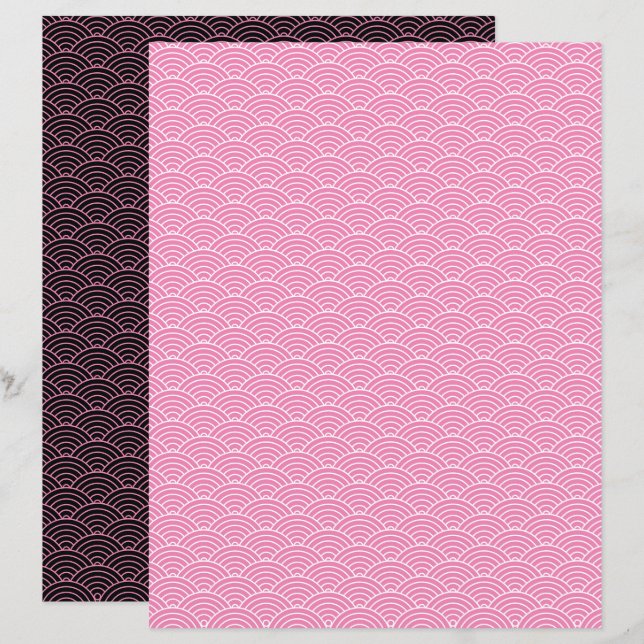 Papier scrapbook vague japonaise rose moderne noir (Devant / Derrière)