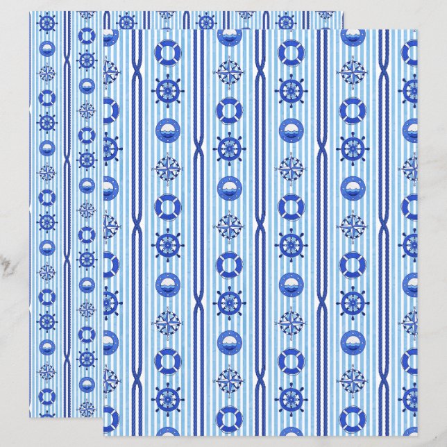 Papier scrapbooking à rayures nautiques bleues (Devant / Derrière)