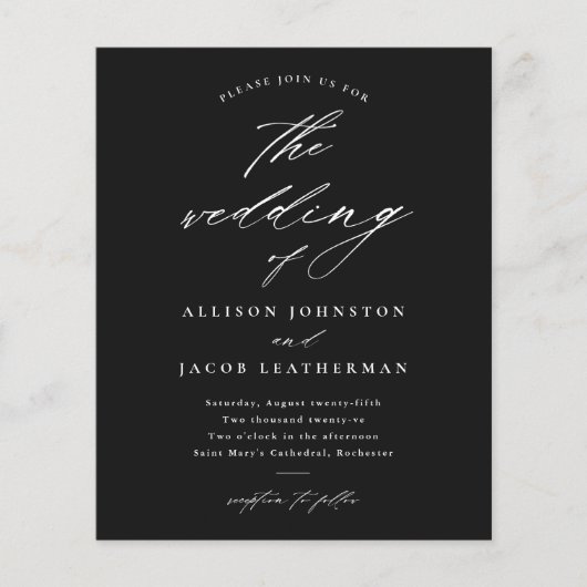 Papier Script budgétaire Faire-part de mariage noir et bl (Devant)