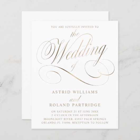 Papier Script classique budget Mariage blanc et or (Devant / Derrière)