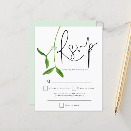 Papier Script Mistletoe Budget Noël Mariage RSVP (Devant/Arrière en situation)