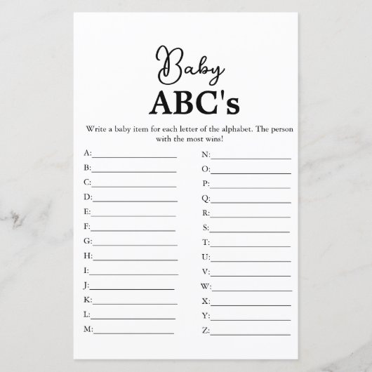Papier Script moderne Baby Abc jeu de baby shower (Devant)