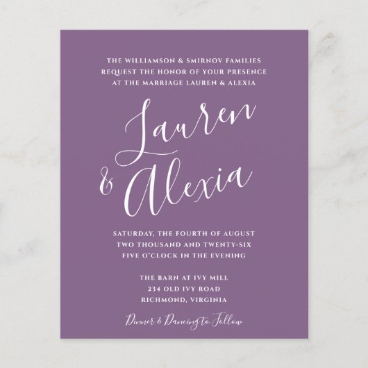 Papier Script moderne Budget Dusty Mariage violet (Devant)
