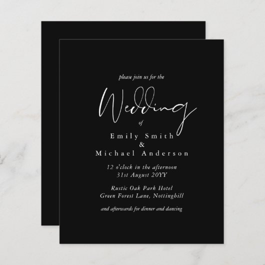 Papier Script noir blanc typographie Mariage budget simpl (Devant / Derrière)