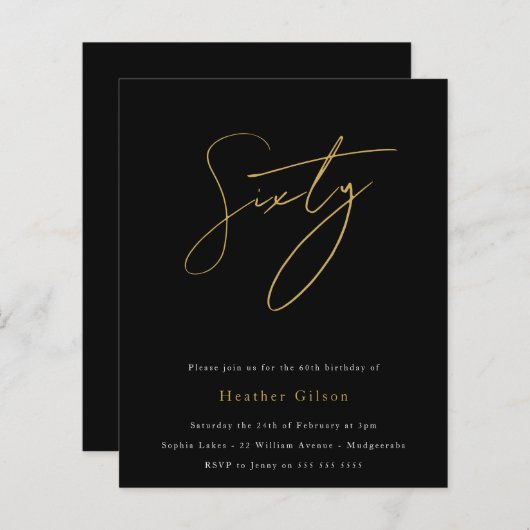 Papier Script noir et or Budget 60e anniversaire Invitati (Devant / Derrière)