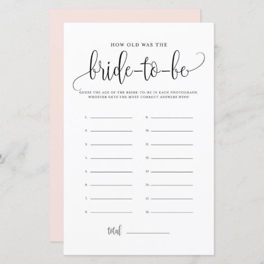 Papier Script noir Quelle était l'âge de la mariée douche (Devant / Derrière)