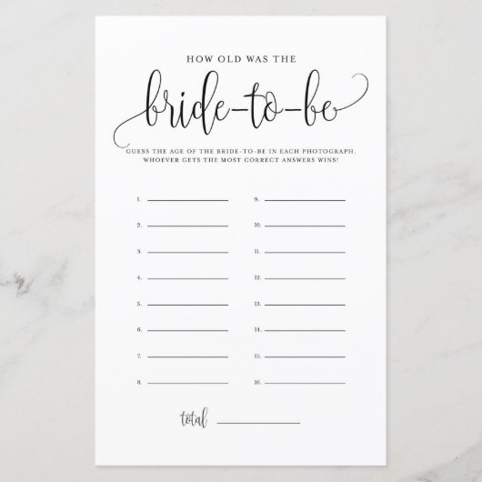 Papier Script noir Quelle était l'âge de la mariée douche (Devant)