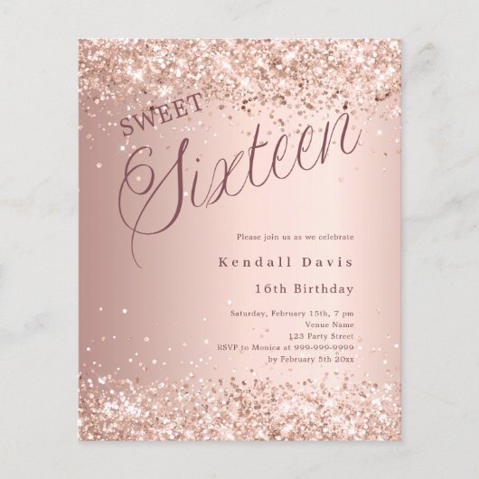 Papier Script or rose budget moderne Sweet 16 invitation (Devant)