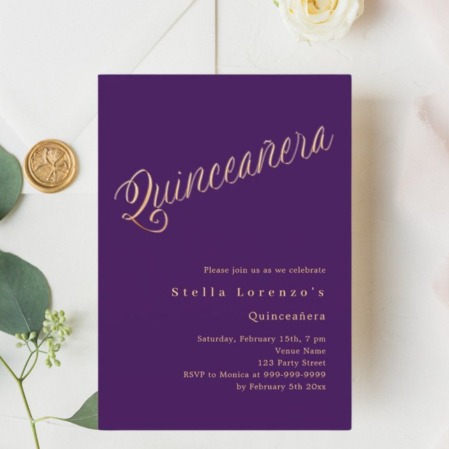 Papier Script or violet élégant Quinceanera invitation (Créateur téléchargé)