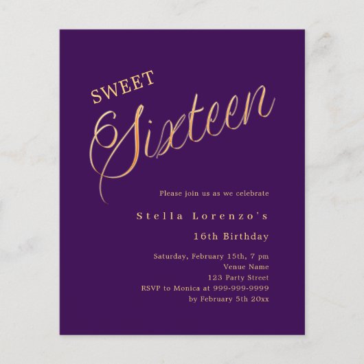 Papier Script or violet élégant Sweet 16 invitation (Devant)