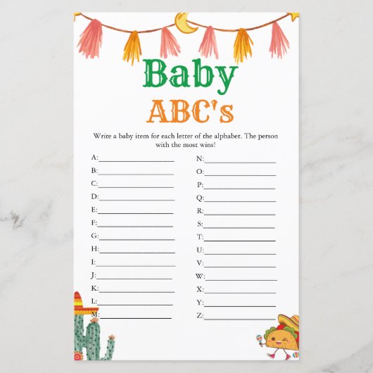 Papier Script Taco mexicain Baby Abc jeu de baby shower (Devant)