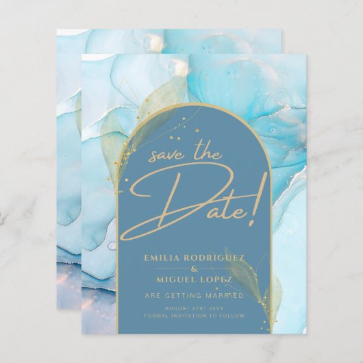 Papier Seaglass INK Turquoise Aqua Blue Gold Mariage Date (Devant / Derrière)