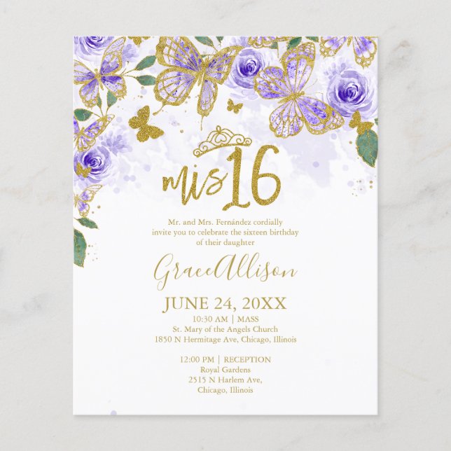 Papier Seize Papillon Budget Invitation Bilingue (Devant)