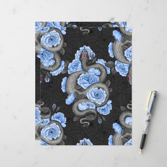 Papier Serpents et roses bleus (Devant/Arrière en situation)