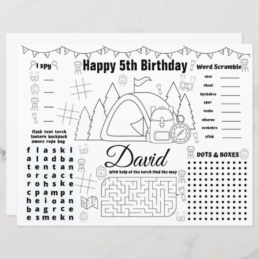 Papier Sets de table d'anniversaire de camping, Fiche d'a (Devant / Derrière)