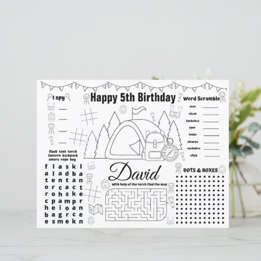 Papier Sets de table d'anniversaire de camping, Fiche d'a (Debout devant)