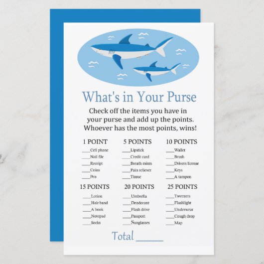 Papier Shark What's in your purse game baby shower (Devant / Derrière)