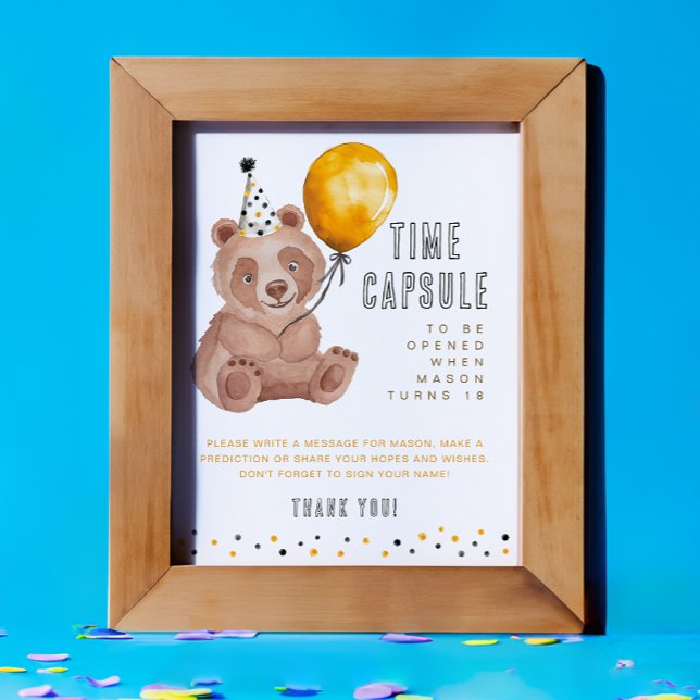 Papier Signe de capsule temporelle d'anniversaire ours –  (Time Capsule Activity Sign )