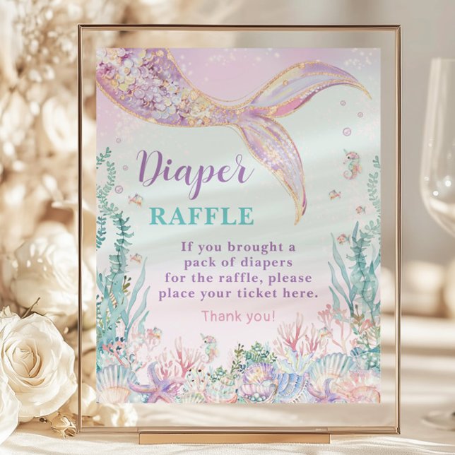 Papier Signe de rabat du Baby shower de sirène budgétaire (whimsical-ethereal-rainbow-under-the-sea-mermaid-tail-budget-cheap-diaper-raffle-sign-paper-sheet)