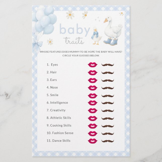Papier Silly Goose Boy Baby Traits Baby shower Jeu (Devant)