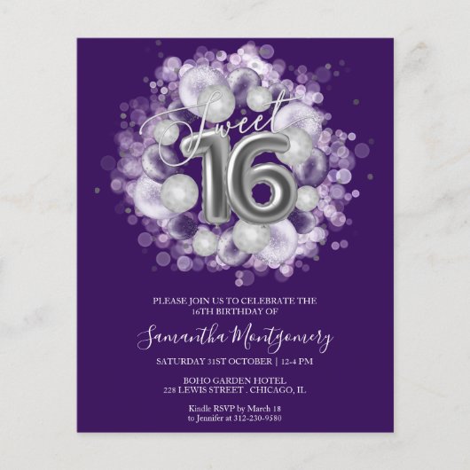Papier Silver Foil Sweet 16 Ballons Budget Invitation (Devant)