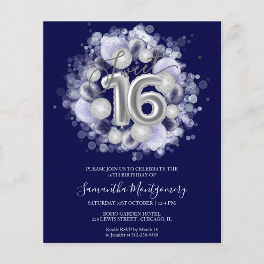 Papier Silver Foil Sweet 16 Ballons Budget Invitation (Devant)