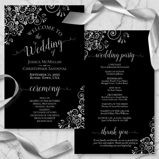 Papier Silver Frills Élégant Black Budget Wedding Program