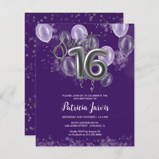 Papier Silver Sweet 16 Ballons Anniversaires Invitations  (Devant / Derrière)