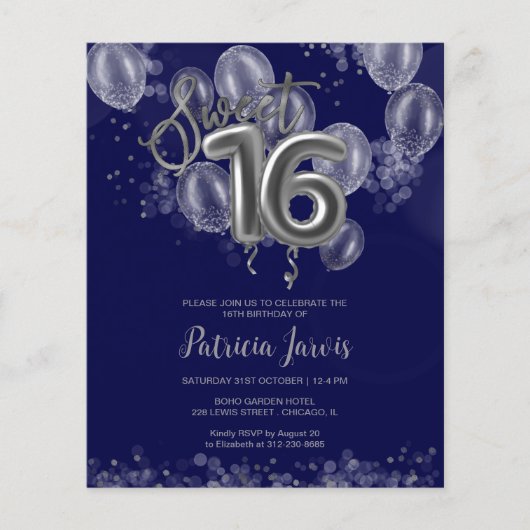 Papier Silver Sweet 16 Ballons Anniversaires Invitations (Devant)