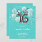 Papier Silver Sweet 16 Ballons Invitation Budge Turquoise (Devant / Derrière)