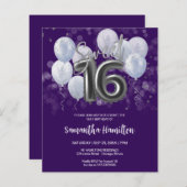 Papier Silver Sweet 16 Ballons Purple Budge Invitation (Devant / Derrière)