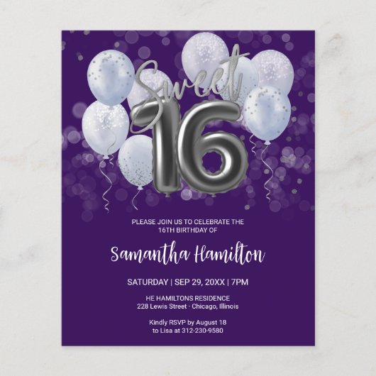 Papier Silver Sweet 16 Ballons Purple Budge Invitation (Devant)
