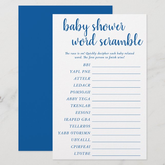 Papier Simple Bébé Mot Scramble | Classic Blue Game Card (Devant / Derrière)
