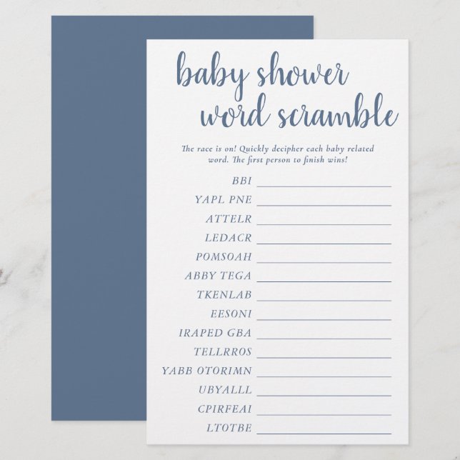 Papier Simple Bébé Mot Scramble | Dusty Blue Game Card (Devant / Derrière)