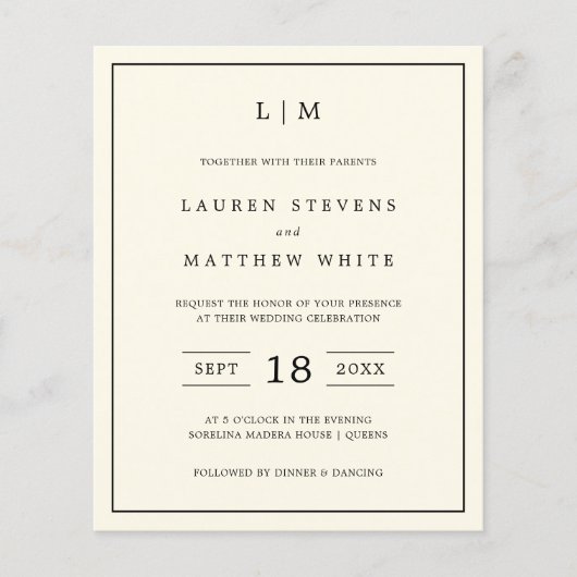 Papier Simple Crème Monogramme Budget Mariage Invitation (Devant)