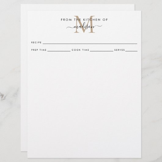 Papier Simple de la cuisine de l'or Monogram Recette (Devant / Derrière)