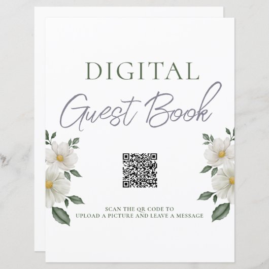 Papier Simple Floral Digital Guest Book QR Code Sign (Devant / Derrière)