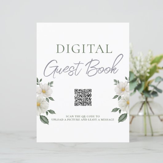 Papier Simple Floral Digital Guest Book QR Code Sign (Debout devant)