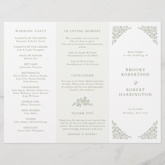 Papier Simple Floral Sage Green Tri Fold Wedding Programm (Devant)