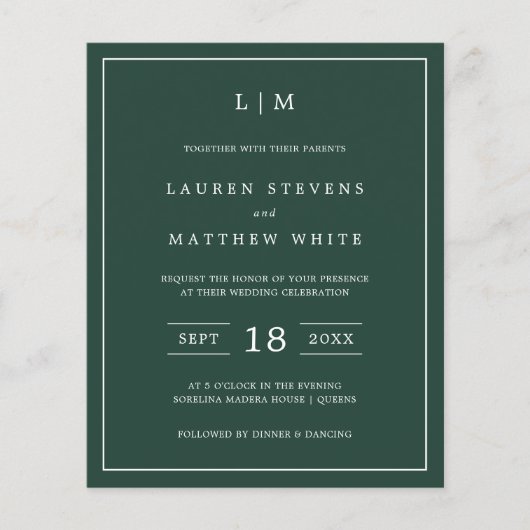 Papier Simple Forest Green Monogramme Budget Mariage Invi (Devant)