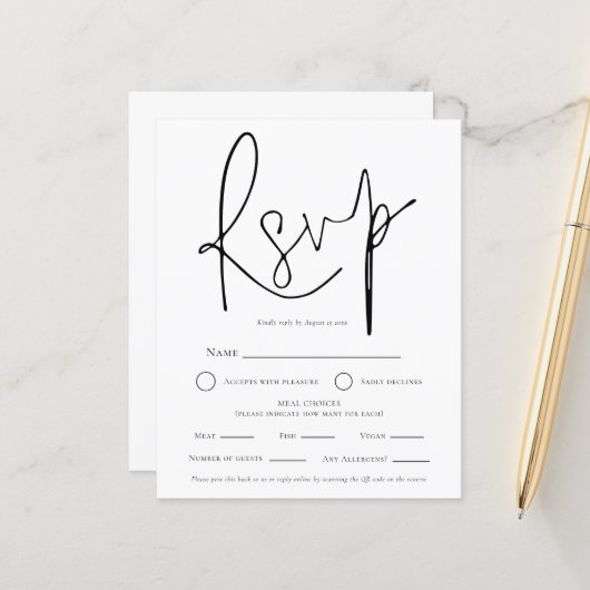 Papier Simple Mariage noir blanc QR choix de repas RSVP (Devant/Arrière en situation)