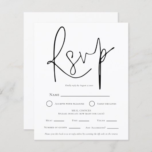 Papier Simple Mariage noir blanc QR choix de repas RSVP (Devant / Derrière)