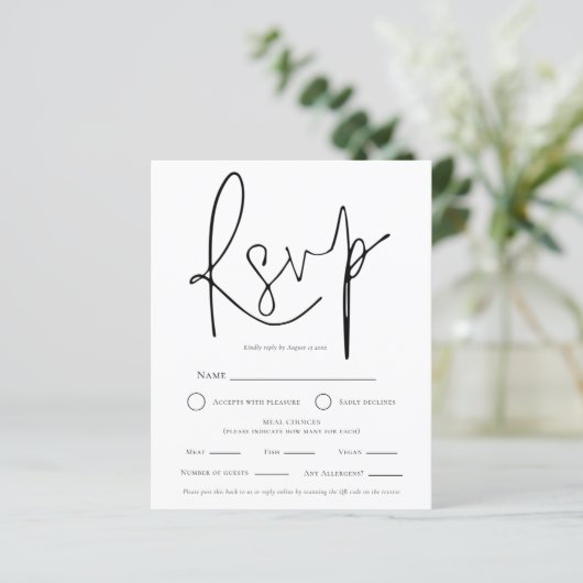 Papier Simple Mariage noir blanc QR choix de repas RSVP (Debout devant)