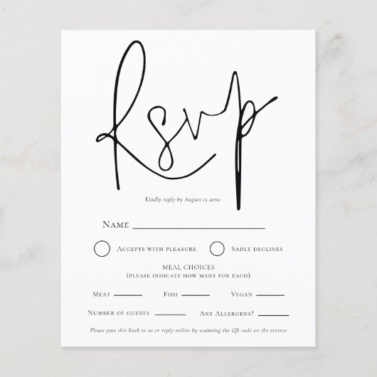 Papier Simple Mariage noir blanc QR choix de repas RSVP (Devant)